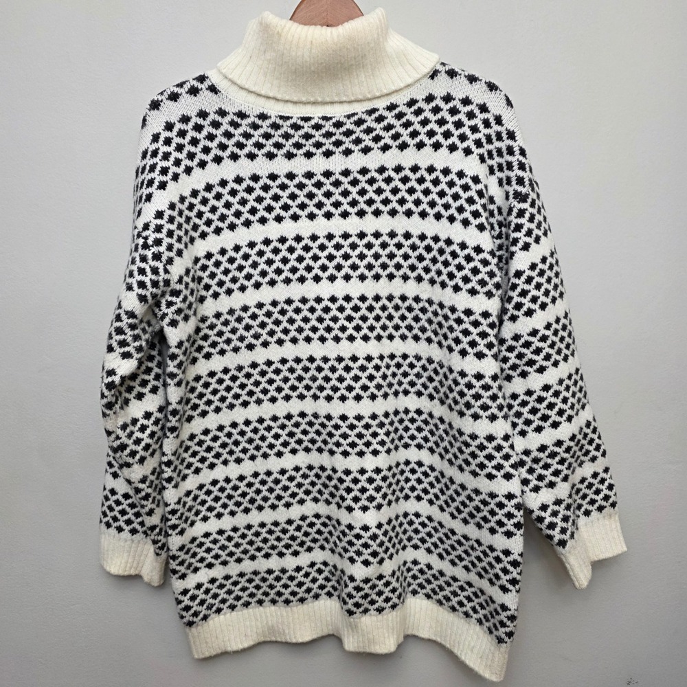 Ann Taylor Women's Black White  Knit Turtleneck Sweater Wool Blend Large